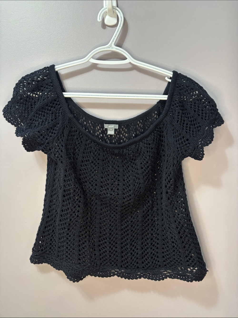 Aerie Black Knit Crochet Scoop-Neck Crop Top